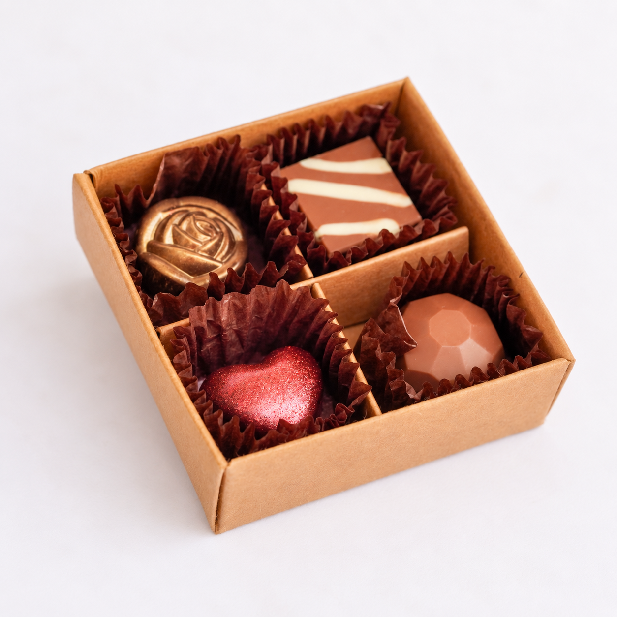 Praline Gift Box 4 pack open, showing four handmade pralines